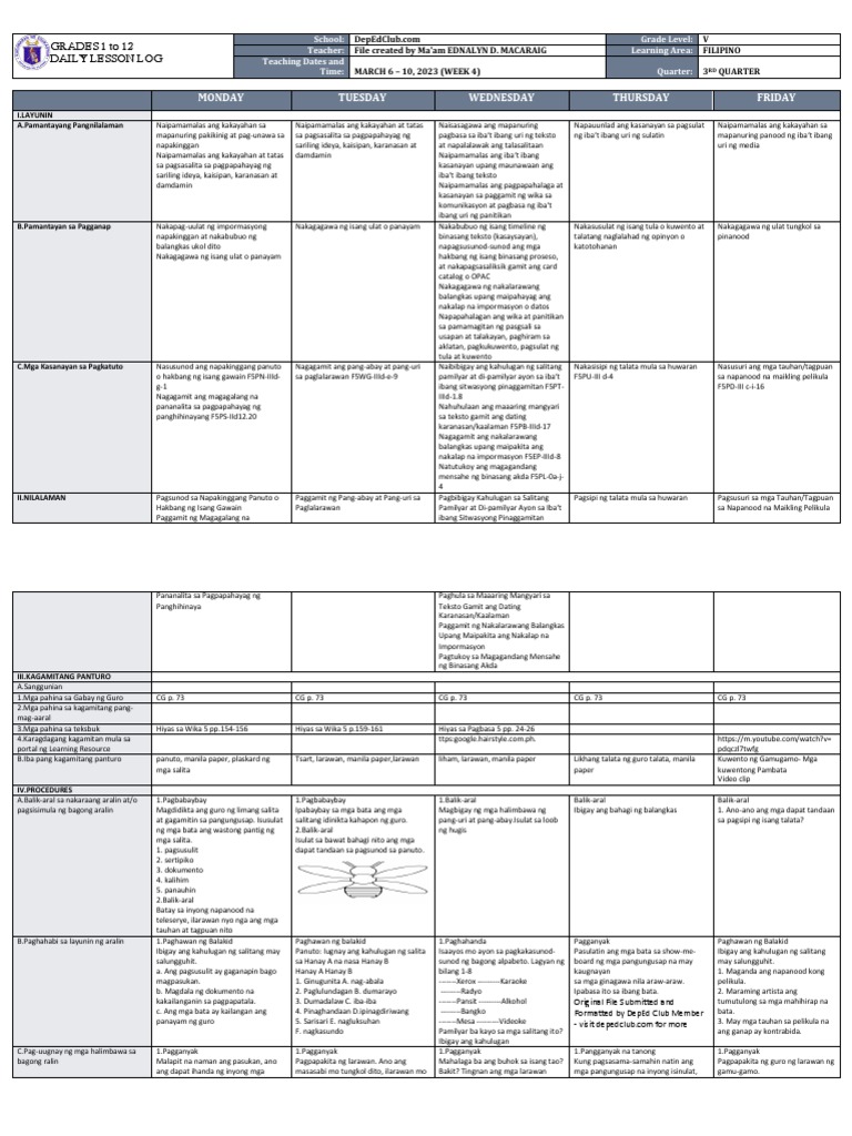 DLL - Filipino 5 - Q3 - W4 | PDF