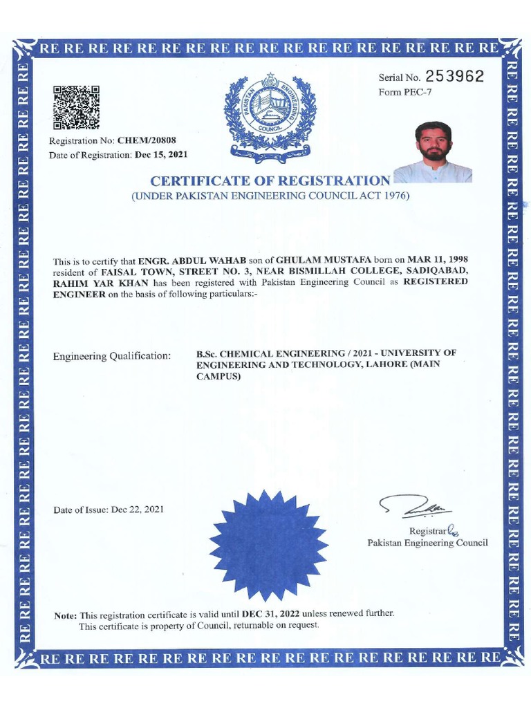 Pec certificate of registeration pdf