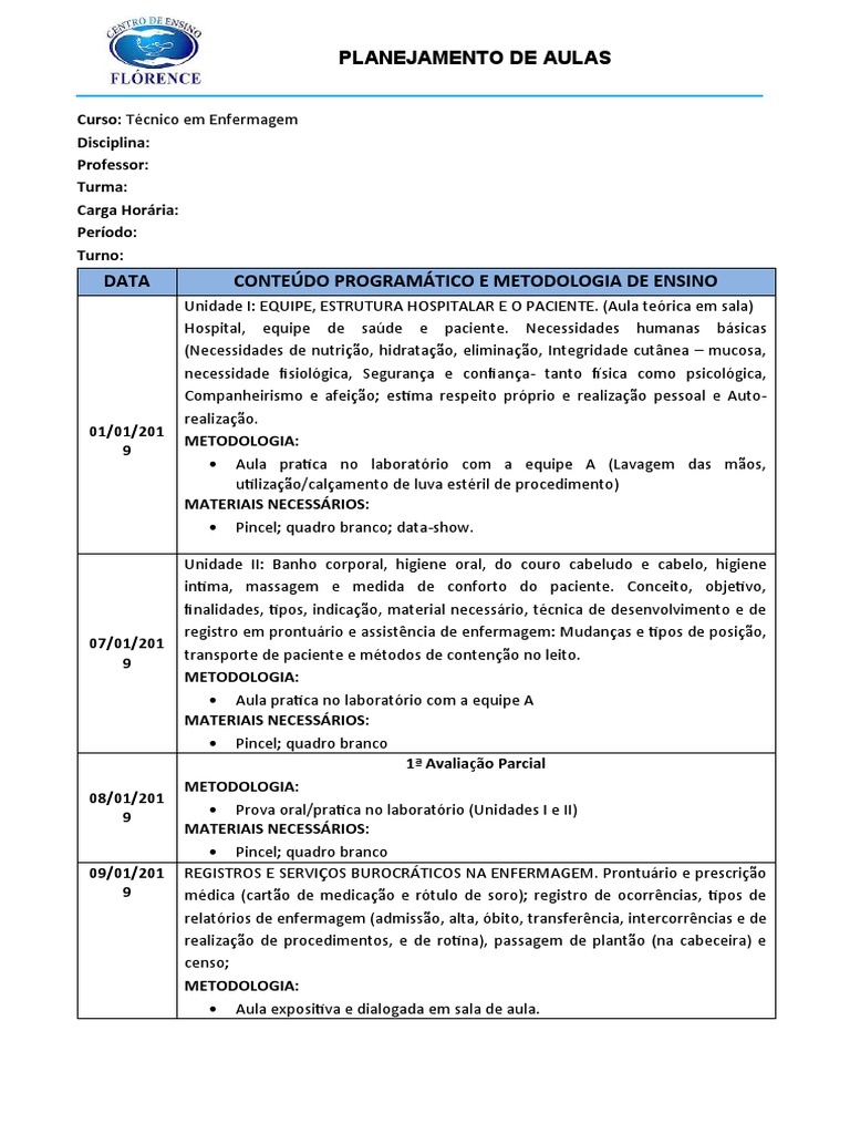 Modelo - Planejamento de Aula | PDF | Enfermagem | Remédio