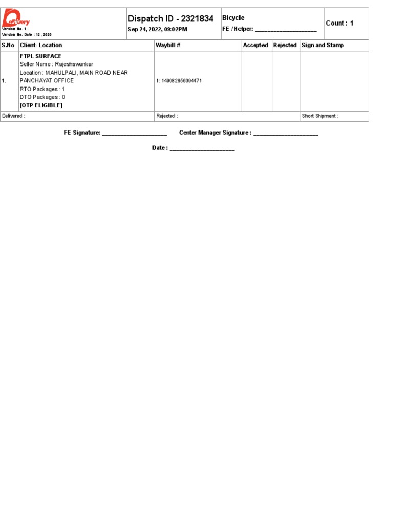 Delhivery Dispatch Document 2020 | PDF