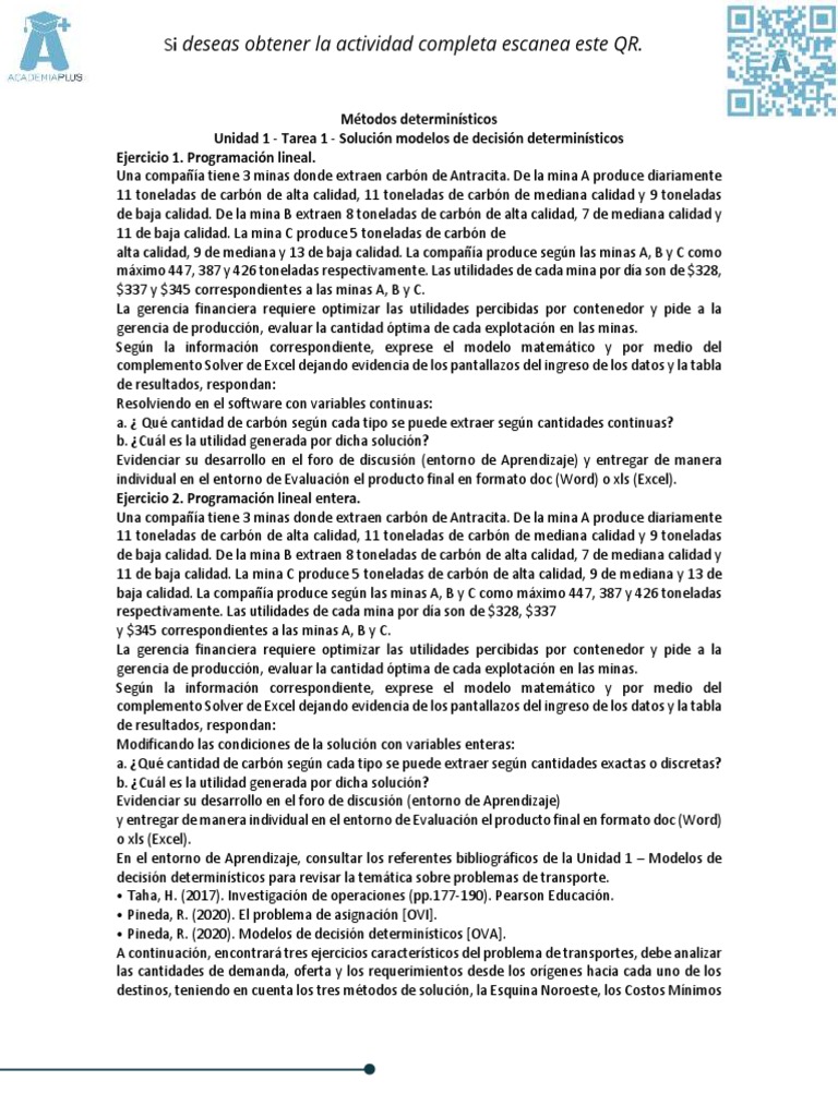 M todos determin sticos tarea 1 soluci n modelos de decisi n