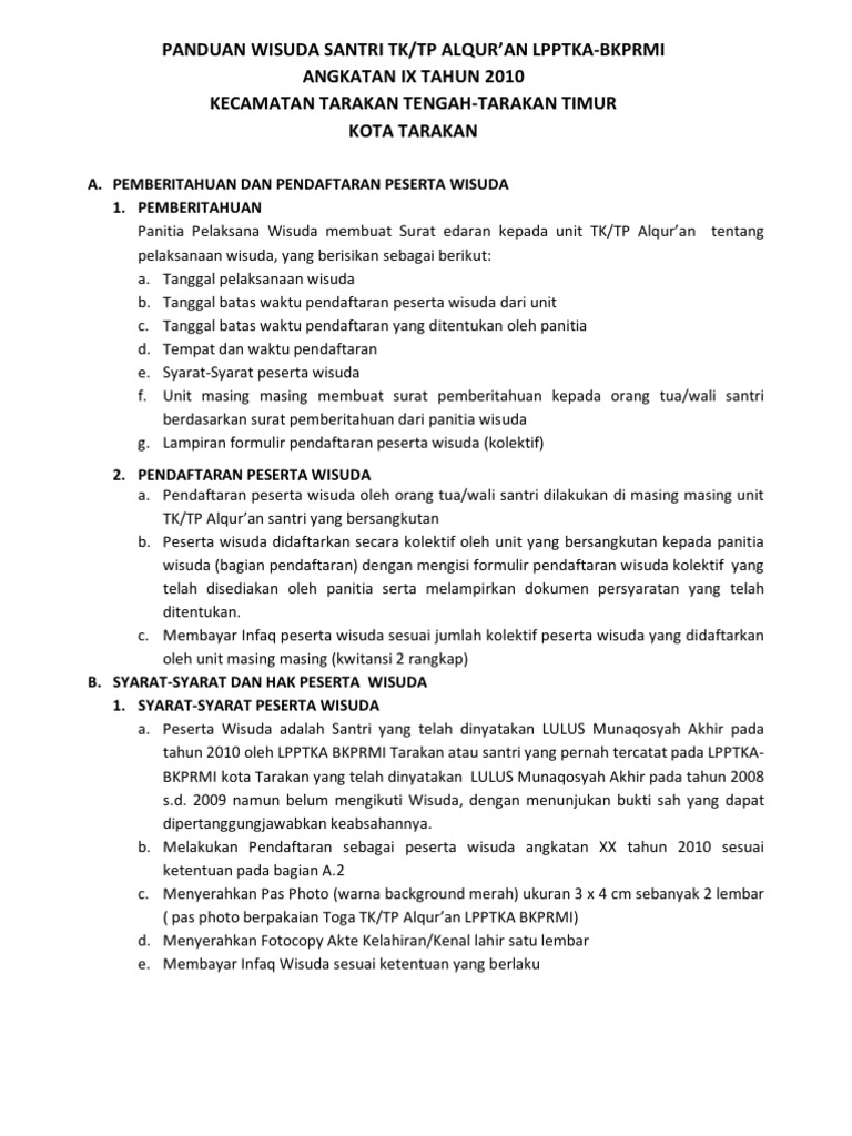 Panduan Wisuda Santri Tk Tp Alqur An Lpptka Bkprmi Angkatan Ix Tahun 2010 Kecamatan Tarakan Tengah Tarakan Timur Kota Tarakan