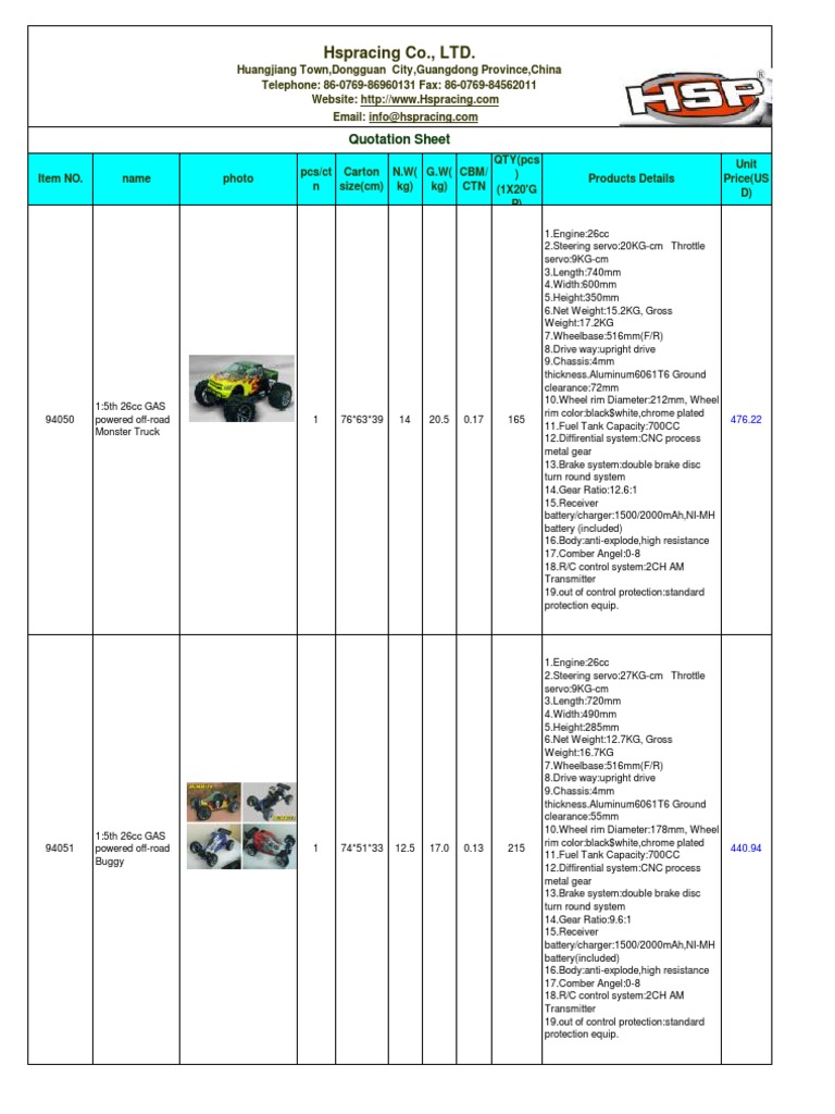Price List of The Nitro Car From HSP | PDF | Four Wheel Drive | Off Roading