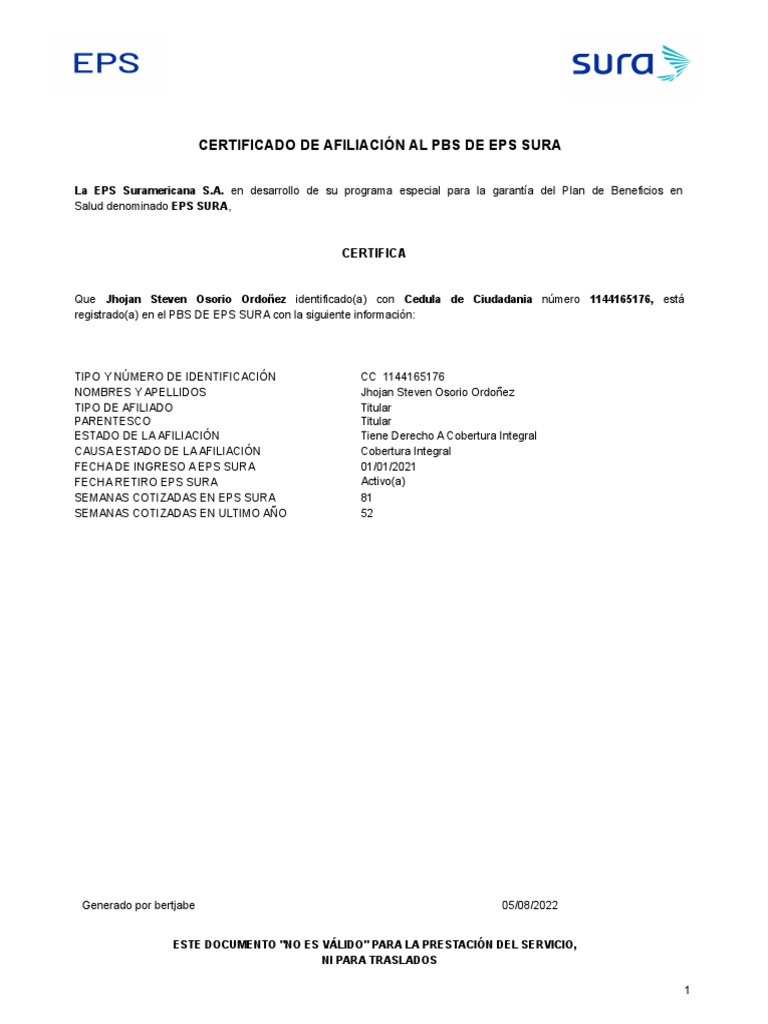 Certificado de Afiliación EPS SURA | PDF | Finanzas y dinero