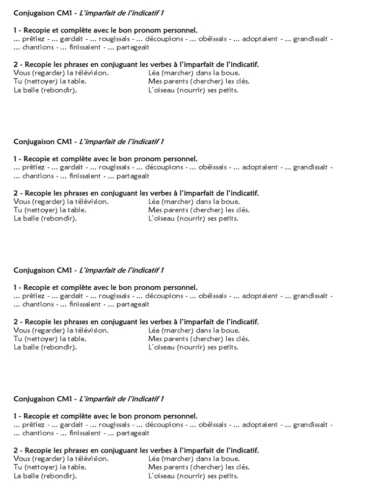 CM1 Limparfait de Lindicatif Exercices | PDF | Conjugaison | Verbe