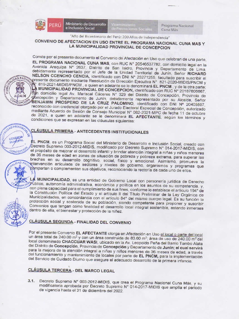 Convenio de Afectacion de Uso Entre El Programa Nacional Cuna Mas y La ...
