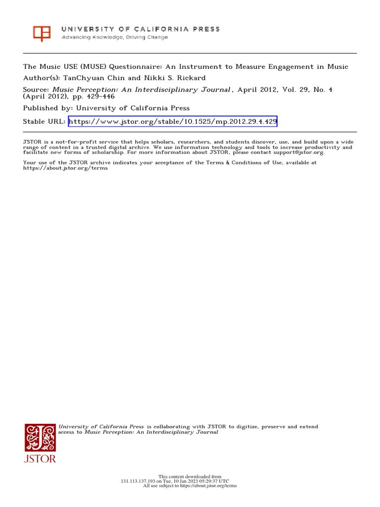 The Music USE (MUSE) Questionnaire An Instrument To Measure