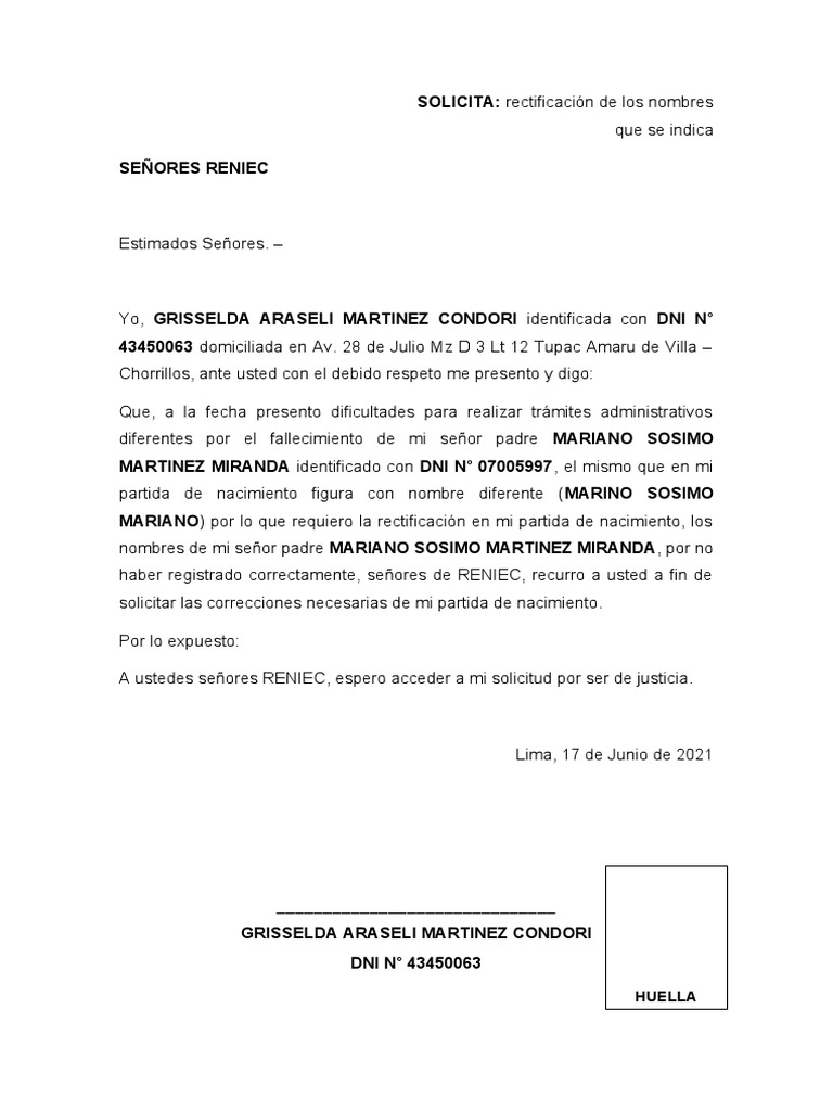 Formato De Solicitud Reniec Consulta