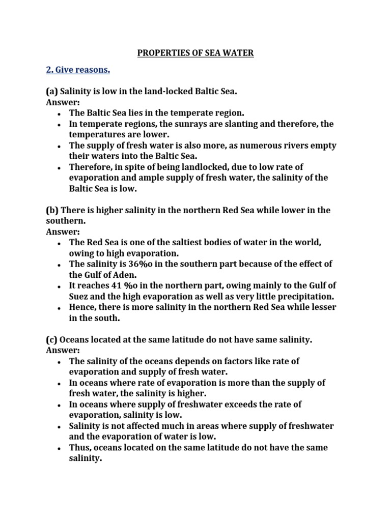 Properties of Sea Water Question Answers PDF Sea Seawater