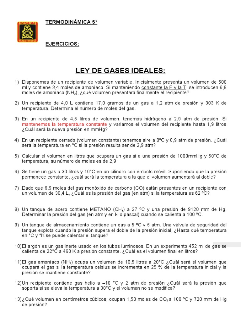 Hojas de Actividades: Ley de Gases Ideales | PDF | Ciencia y matemáticas