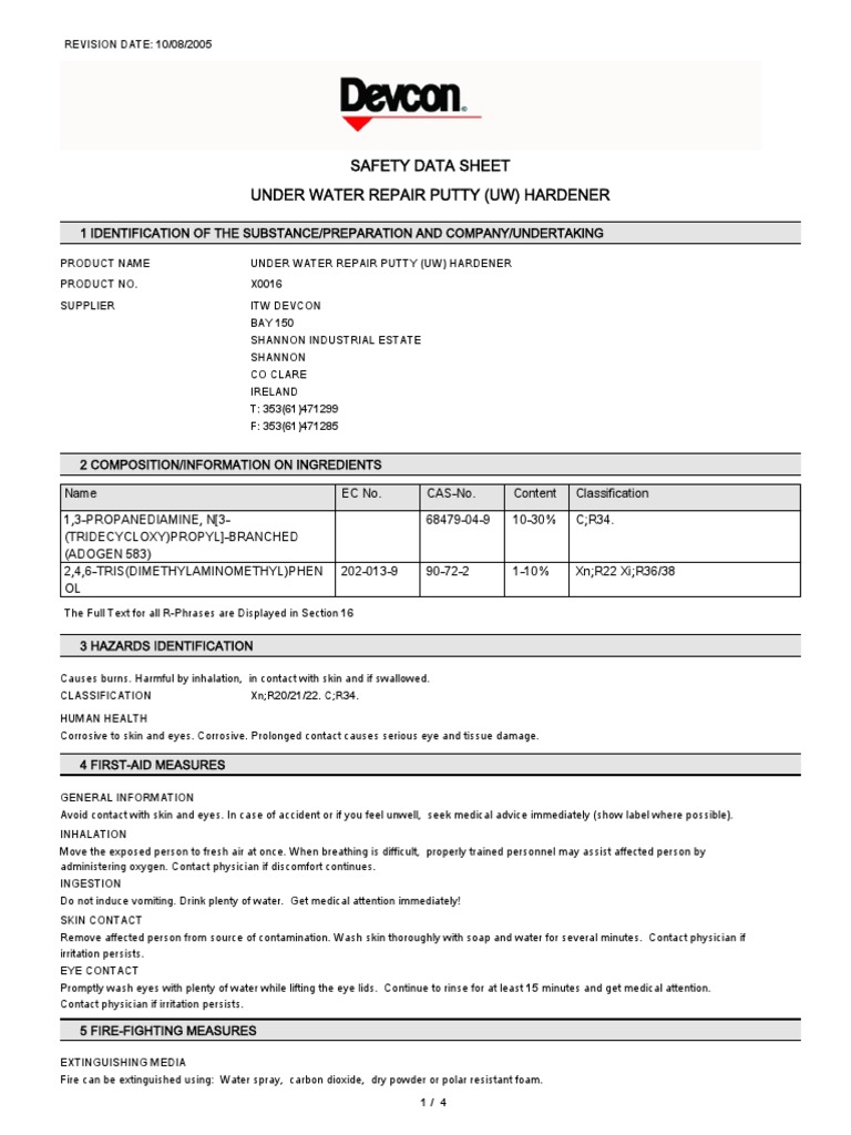 Underwater Repair Putty Safety Data Sheet PDF Toxicity Personal