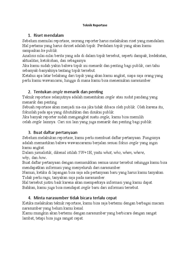 Teknik Dasar dalam Reportase Jurnalistik | PDF