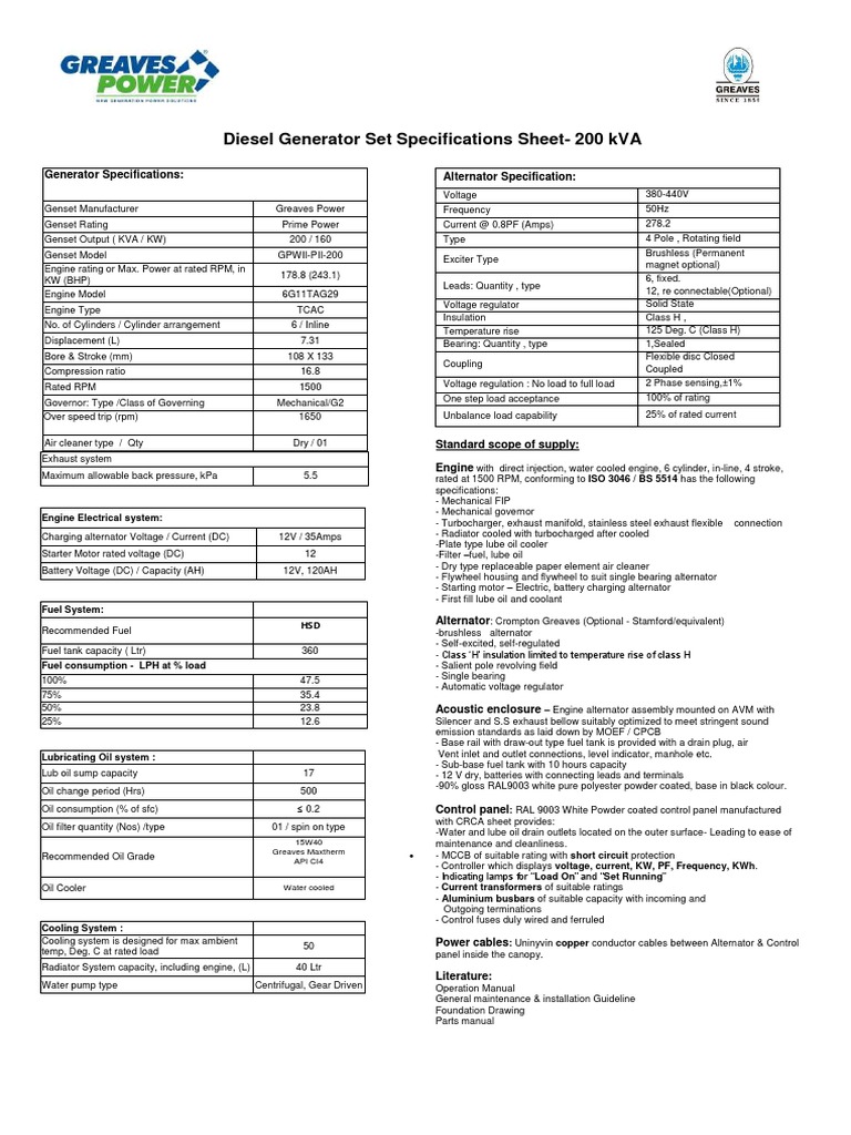 200 kVA Diesel Generator Specifications | PDF | Diesel Engine | Engines