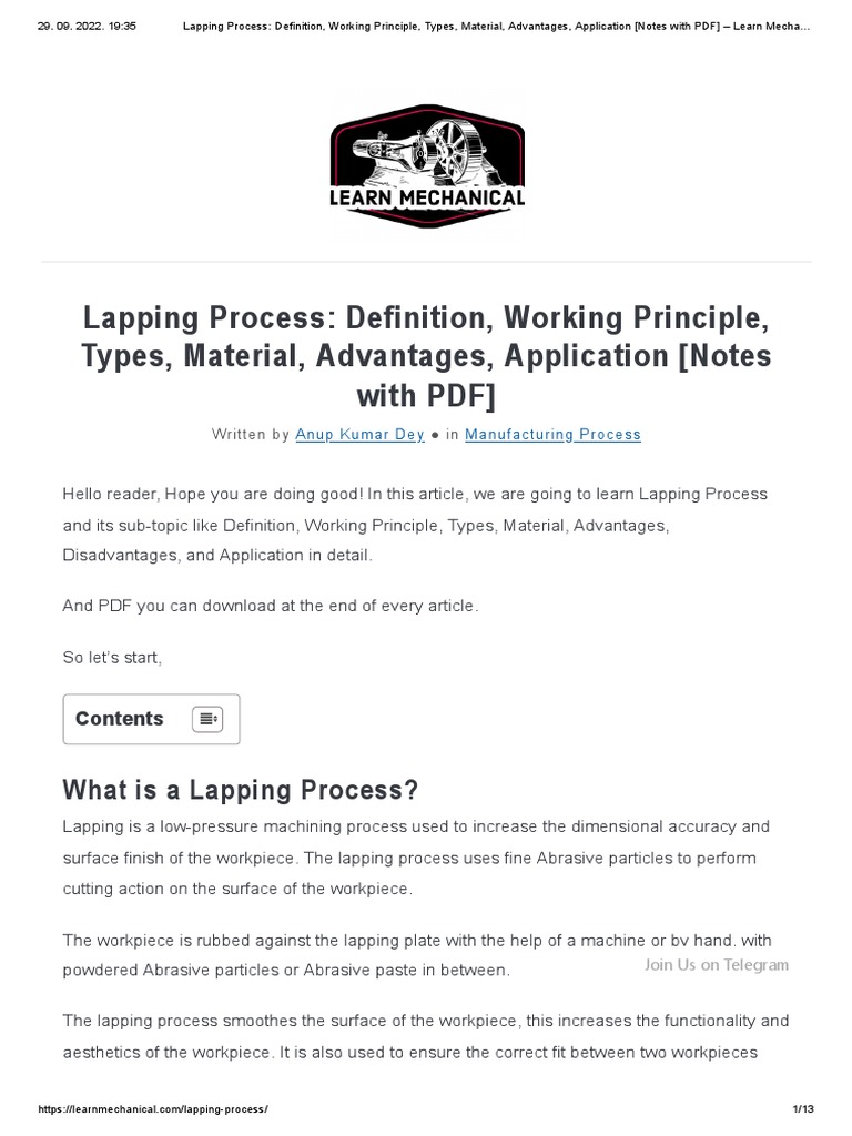 Lapping Process Definition, Working Principle, Types, Material