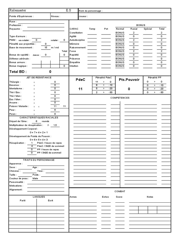 Feuille de personnage Rolemaster détaillée | PDF