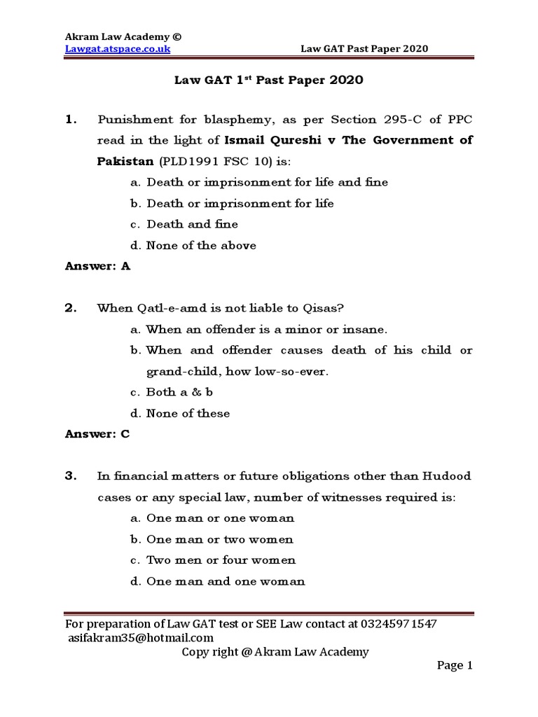 Past Paper Law GAT (1st Red2020) PDF Criminal Justice Crime