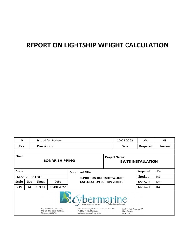 CM22IV2041203 Report On Lightship Weight Calculation PDF