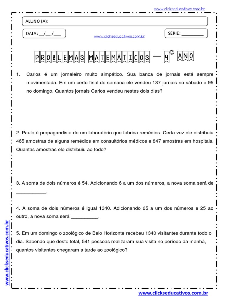 4º Ano - Desafios Matemáticos | PDF