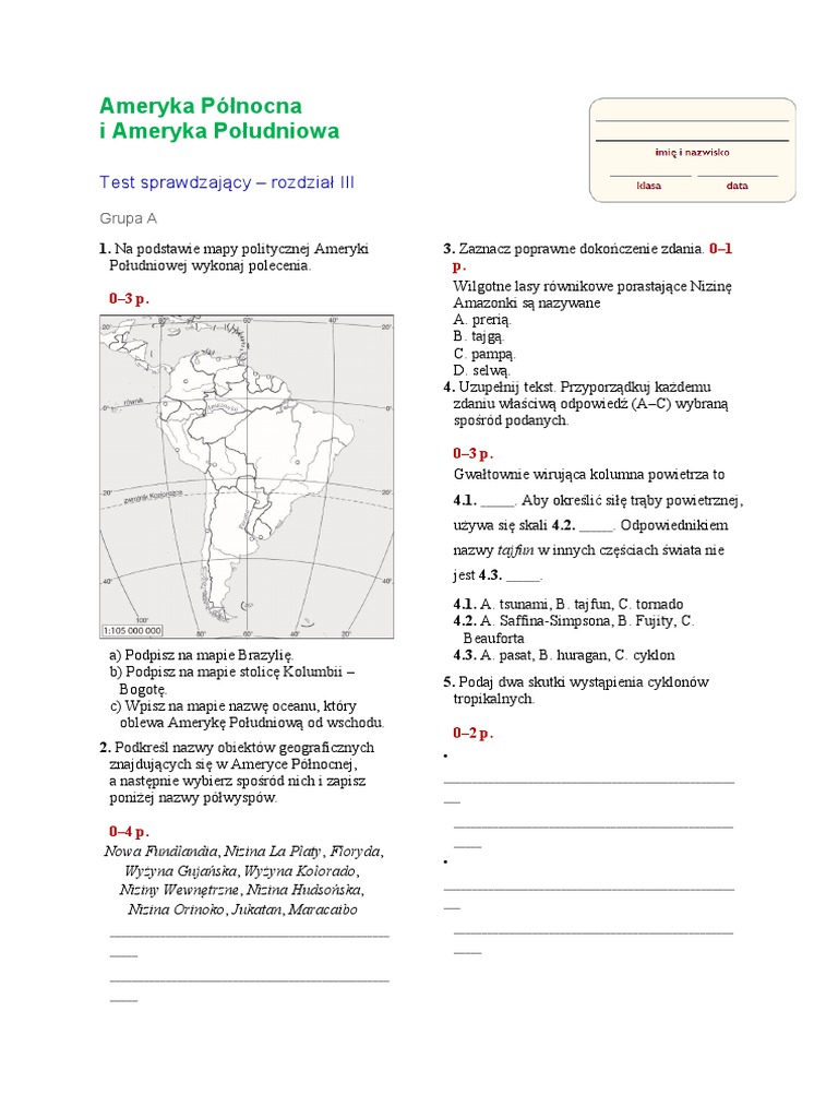 Sprawdzian Z Ameryki Klasa 8 Geografia - Test Ameryki PN PD - Klasa 8 | PDF