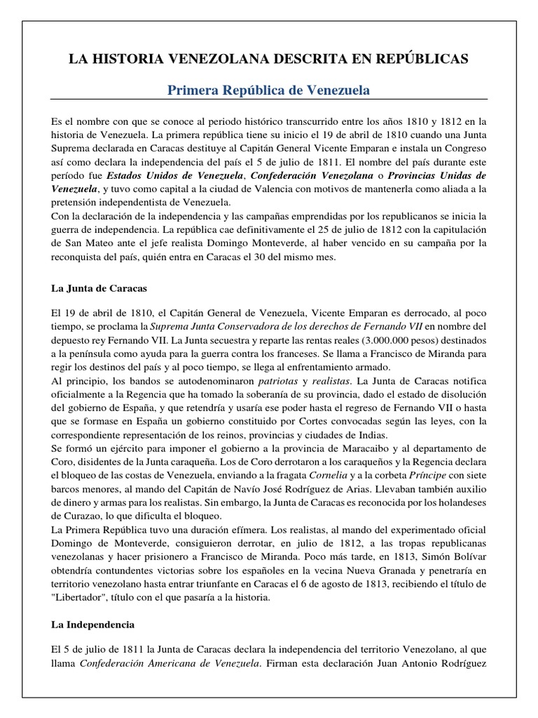Evolución Histórica de Venezuela en Repúblicas PDF | PDF | América del ...