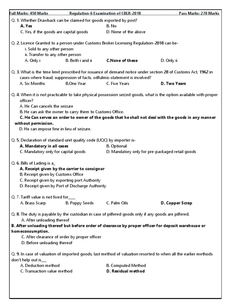 Customs Exam Questions & Answers Guide | PDF | Customs | Letter Of Credit