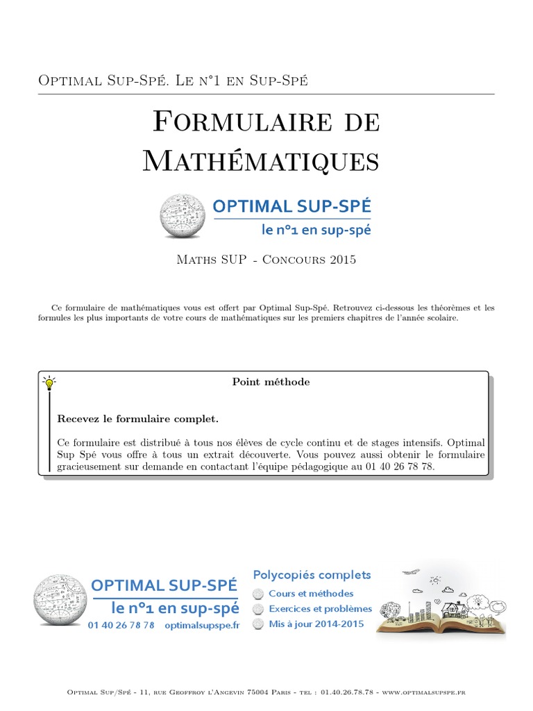 Formulaire Mathématiques SupSpé 2015 PDF Mathématiques — free download