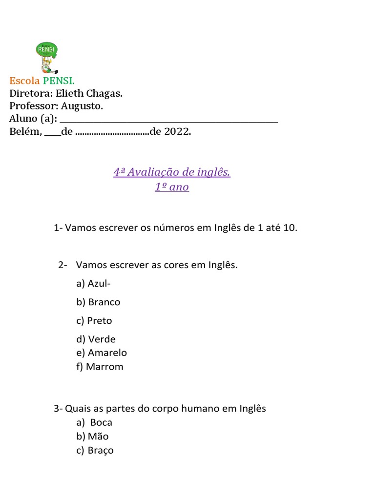 Avaliação de Inglês - 1º Ano PENSI | PDF | Artes Linguísticas e ...