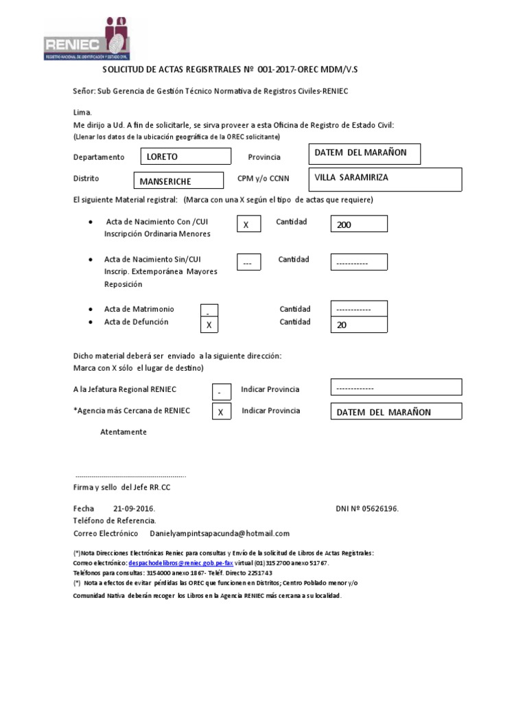 Solicitud Actas Registrales RENIEC | PDF