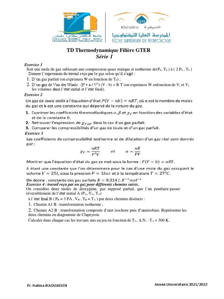 Exercices de thermodynamique GTER 2021-2022 | PDF | Atmosphère de la ...