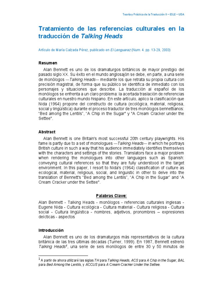 Referencias Culturales en Talking Heads PDF Traducciones Lengua