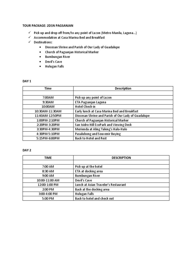 Pagsanjan 2D1N Tour Package Details | PDF | Cooking, Food & Wine