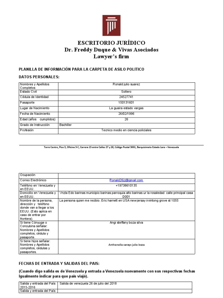Planilla de datos para asilo politico docx pdf venezuela gobierno