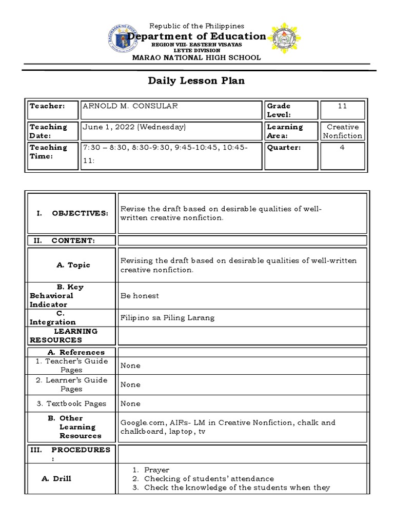 Dlp Creative Nonfiction Revising A Draft Pdf Learning Proofreading