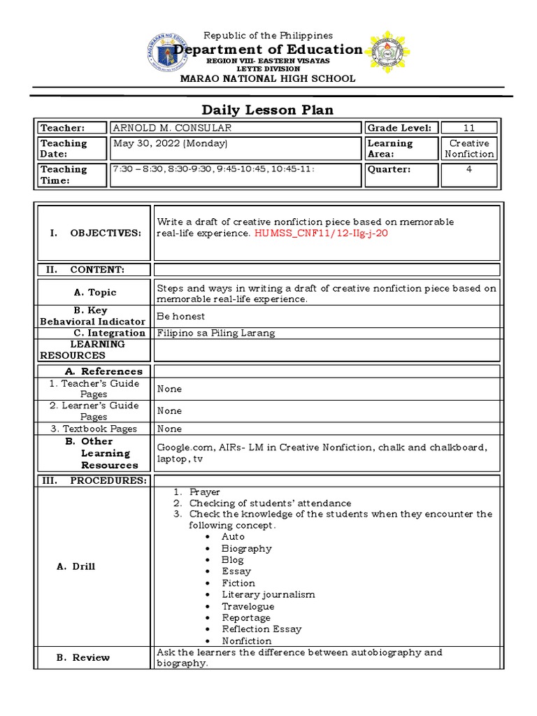 Dlp Creative Nonfiction Writing A Draft Pdf Learning Creative