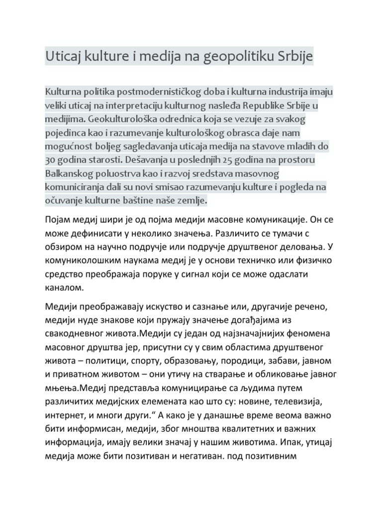 Uticaj Kulture I Medija Na Geopolitiku Srbije | PDF
