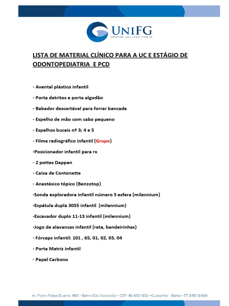 Lista de Material Clínico para A Uc e Estágio de - Odontopediatria e ...