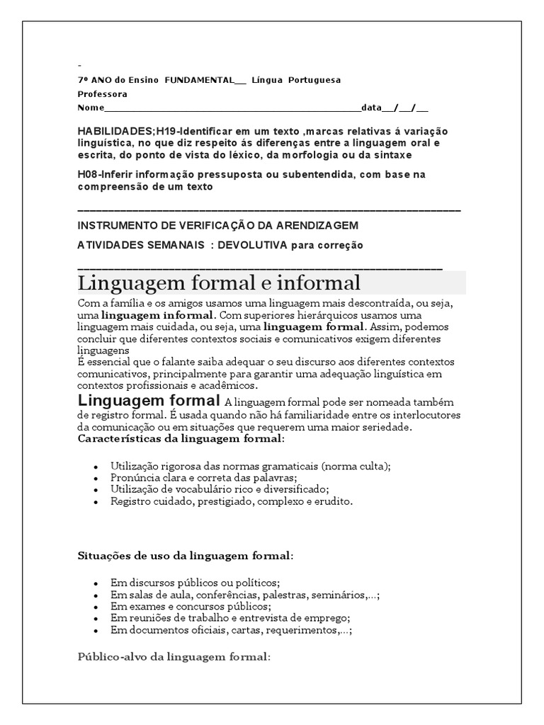 7 Ano Linguagem Formal e Informal Com Gabarito Aluno | PDF ...