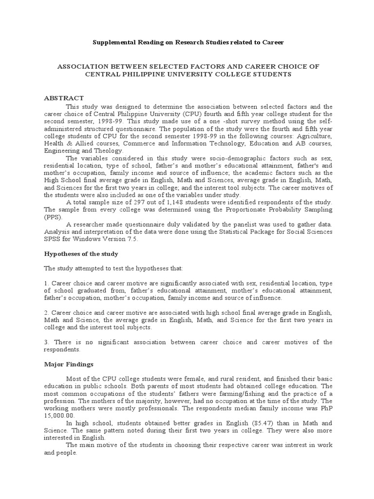 Supplemental Reading On Research Studies Related To Career | PDF | Cost ...