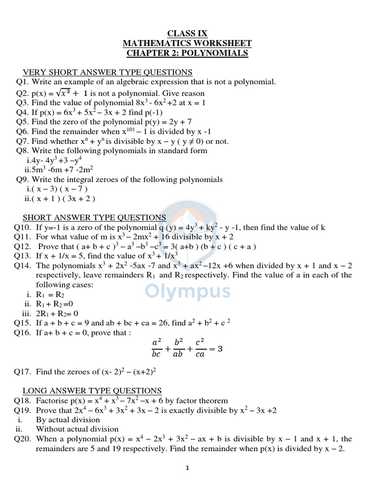 Polynomial Class 9 PDF Polynomial Mathematics