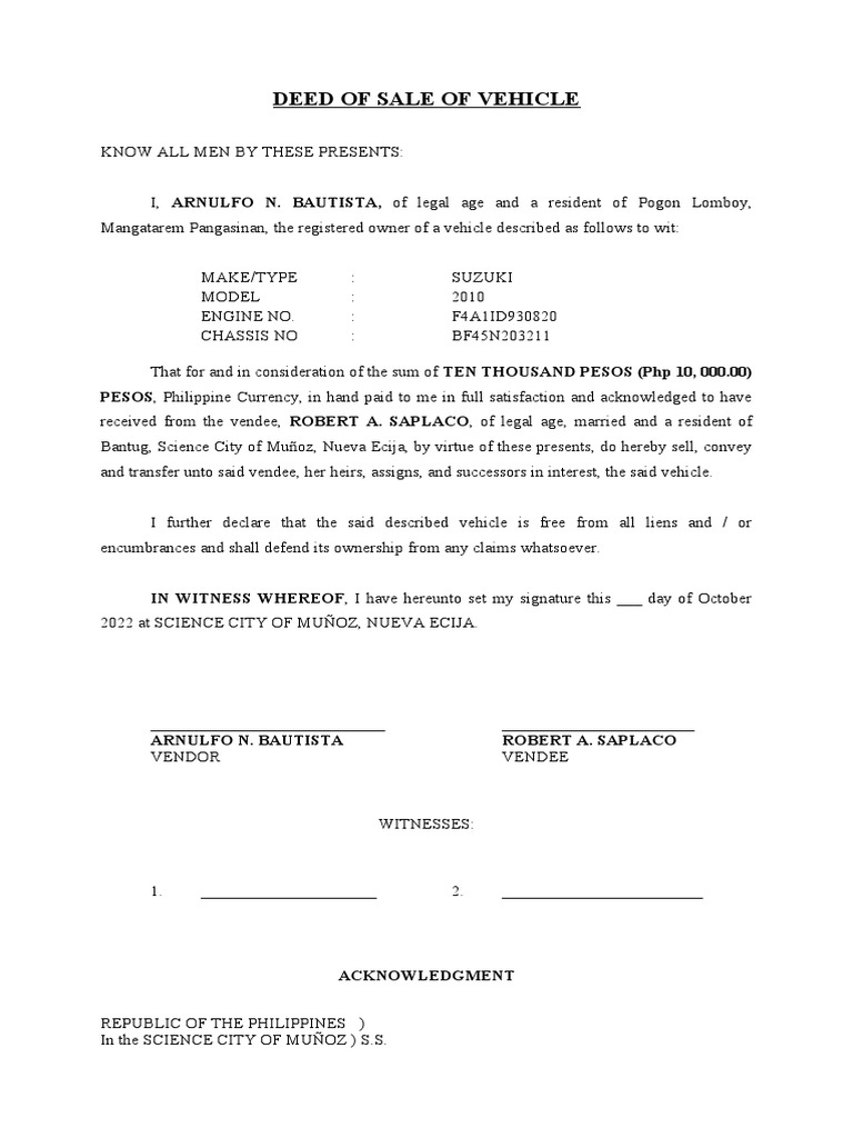 Vehicle Sale Deed Template | PDF | Deed | Environmental Law