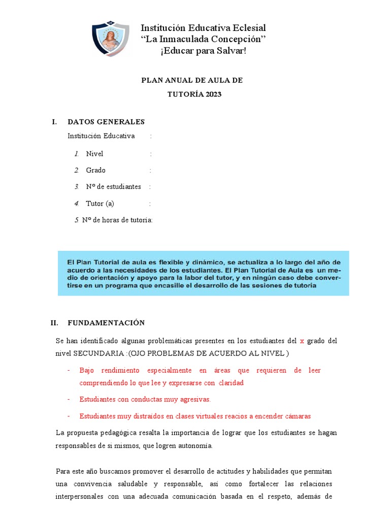 Plan Anual de Tutoría Secundaria 2023 | PDF | Aprendizaje | Salón de clases