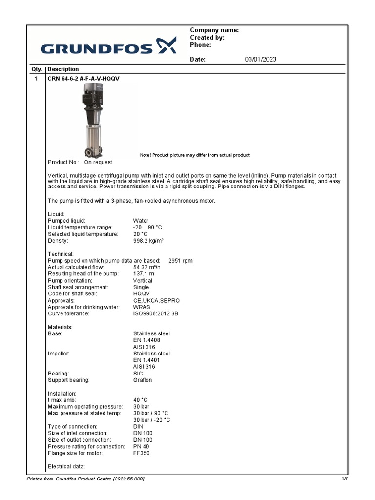 Grundfos CRN 64-6-2 Pump Specifications | PDF | Pump | Electric Motor