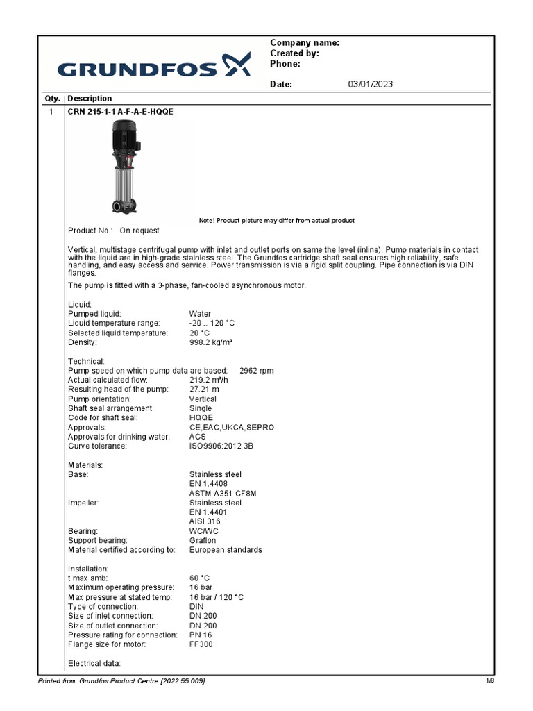 Vertical Multistage Pump Specs | PDF | Pump | Electric Motor