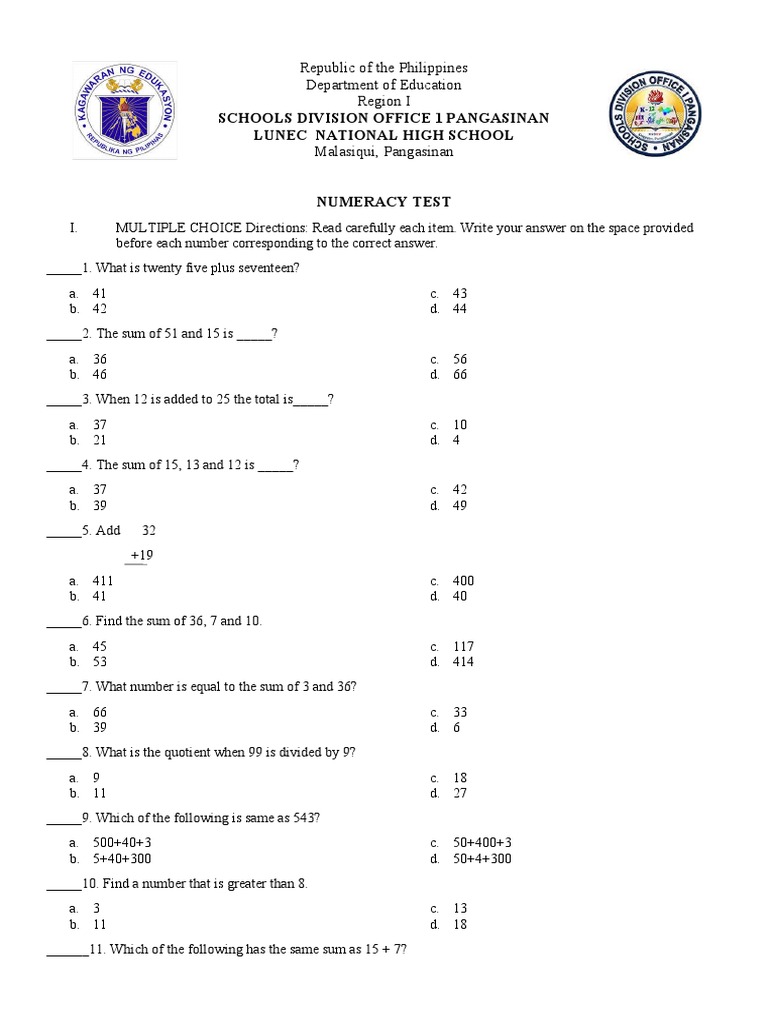 Examples Of Numeracy Tests For Interviews