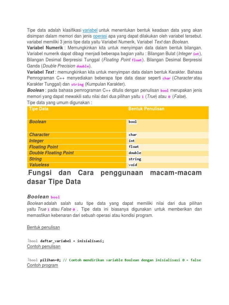 Panduan Tipe Data C++ untuk Pemula | PDF