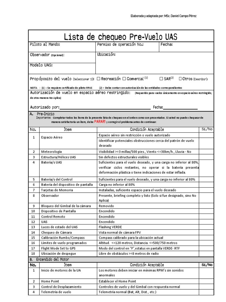 Lista de chequeo pre-vuelo UAS | PDF | Vehículo aéreo no tripulado ...