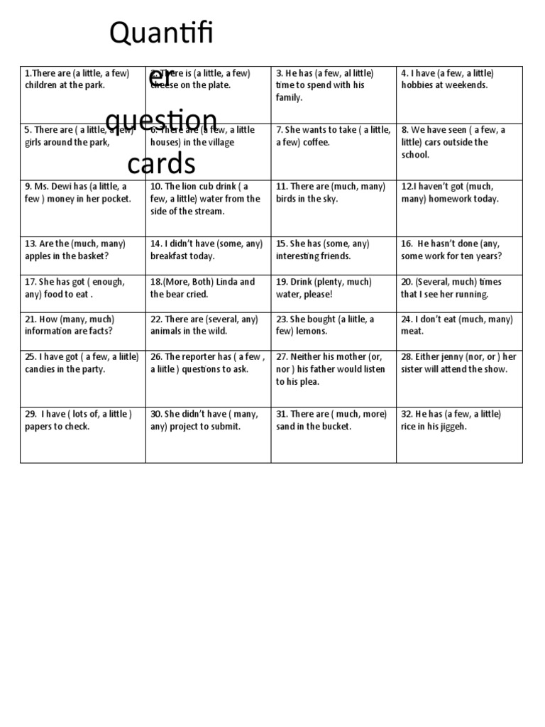 Quantifier Question Cards | PDF