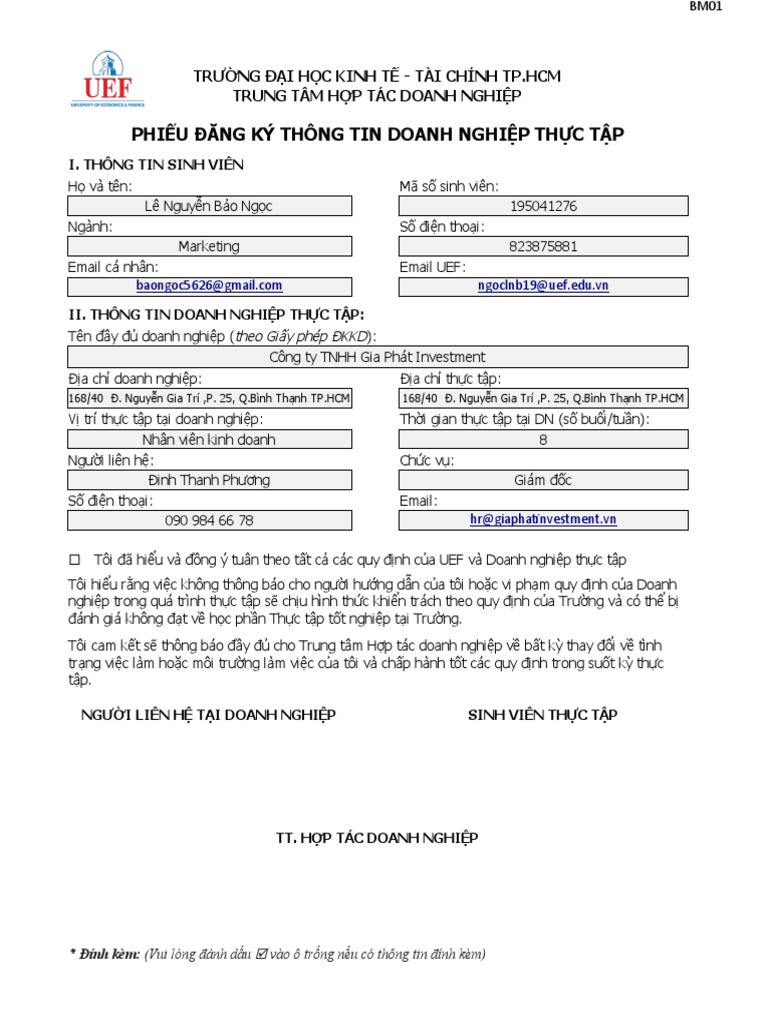 BM01. Phieu Dang Ky Thong Tin Doanh Nghiep Thuc Tap | PDF