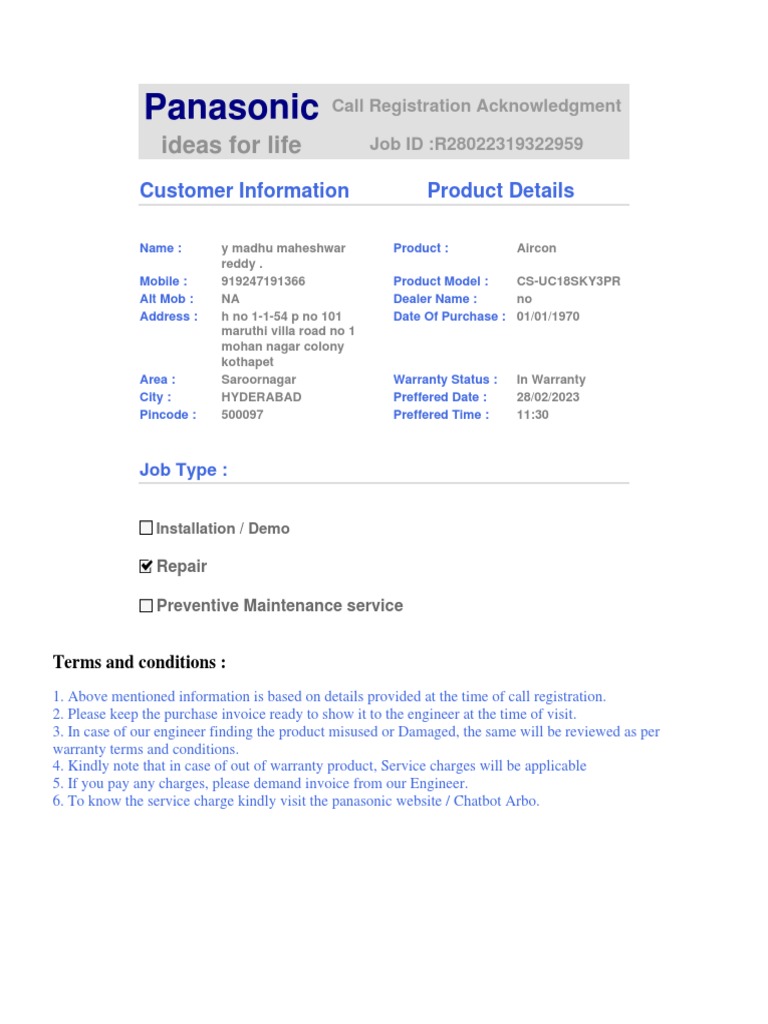 Panasonic Customer Service Call Registration for Air Conditioner