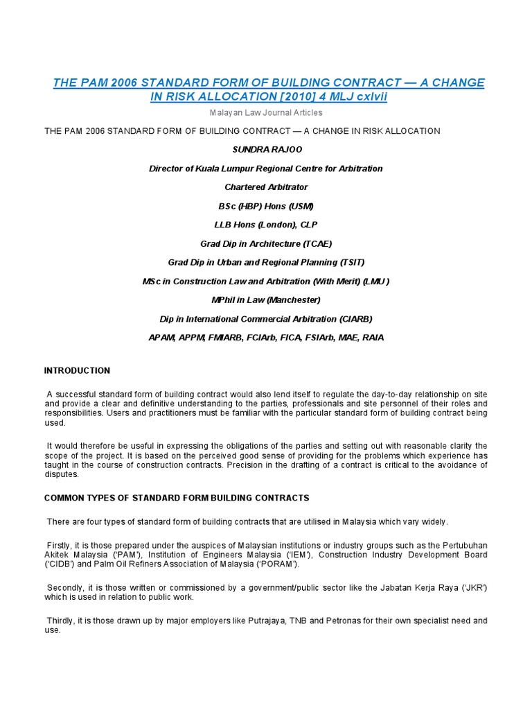The PAM 2006 Standard Form of Building Contract A Change in Risk